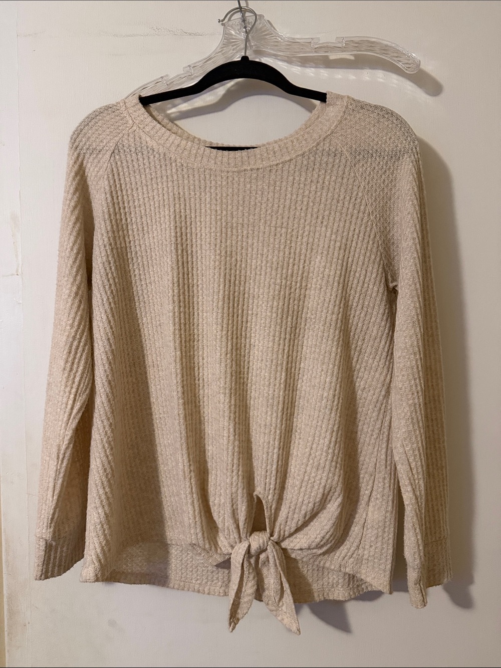 nine britton Cream Tie-Front Waffle Knit Scoop Neck Sweater
